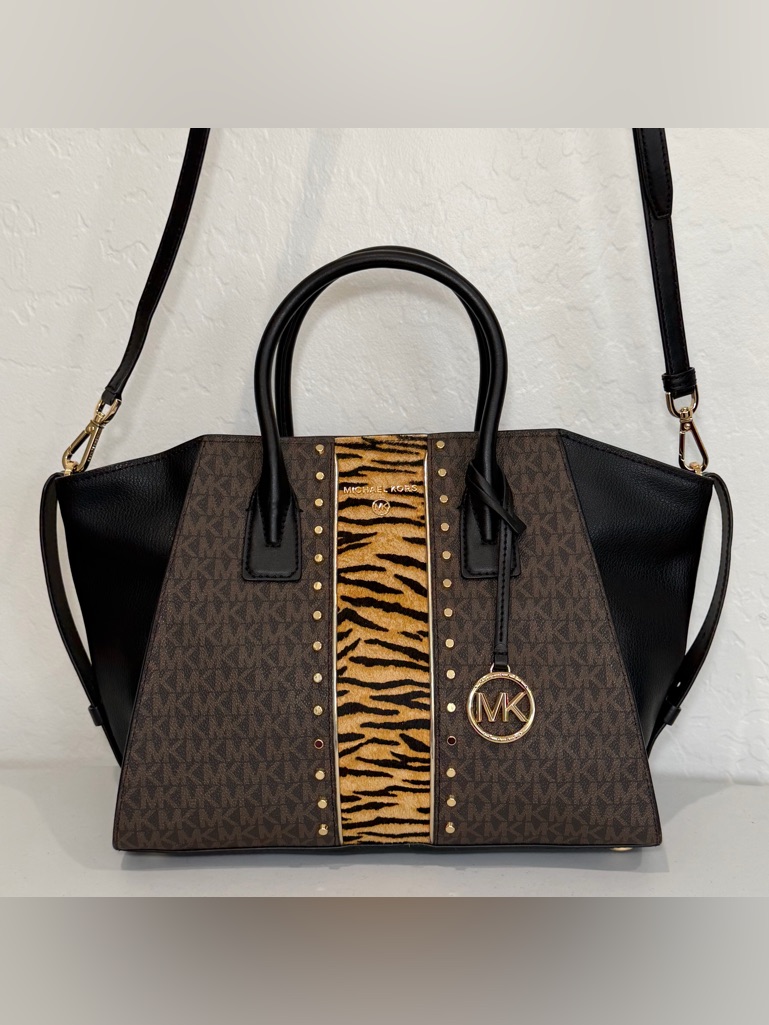 Michael Kors Leather And Tiger Print Calf Hair Satchel